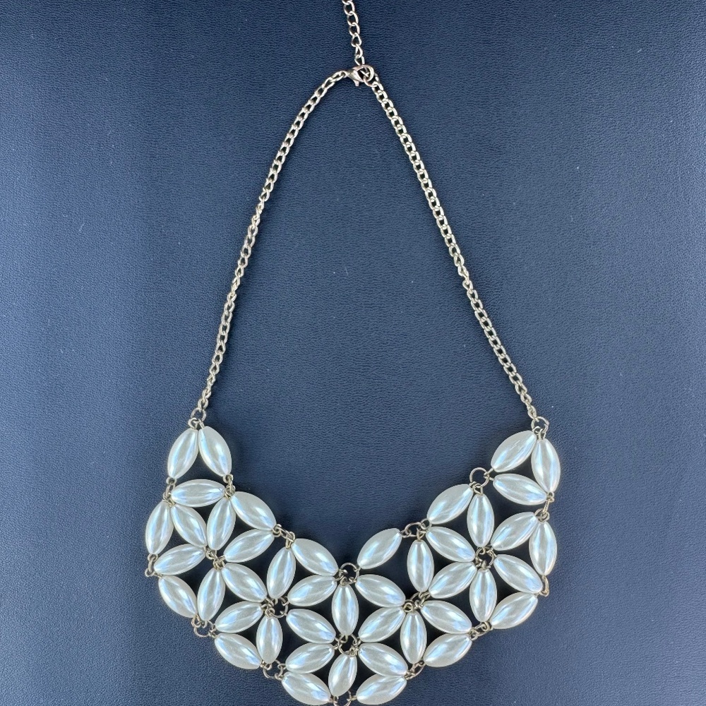 Vintage Faux Pearl Marquise Bib Necklace | Flower Pattern | Choker | Wedding